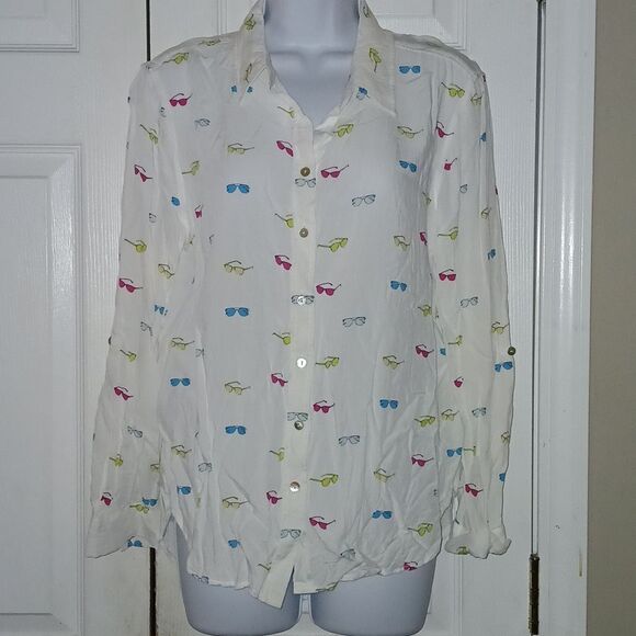Jane and Delancey white multicolor sunglass print button down blouse Sz L - Picture 1 of 8